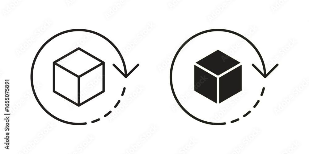 Poster two simple cube rotation icons, one line art and one solid, set within circular arrows, isolated on 
