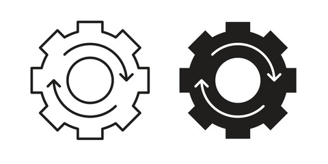 Two gear icons, one line art and one solid, both featuring circular arrows indicating process or workflow.