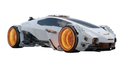 Futuristic white vehicle with glowing rims