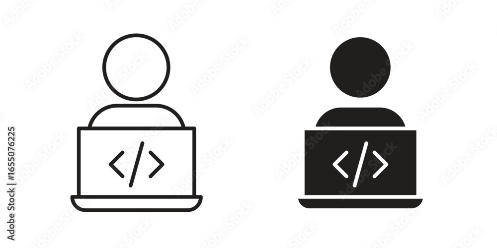 Poster two simple coding icons depicting a person using a laptop with code symbols. isolated on white.
