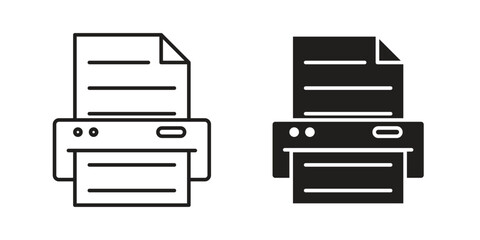Two printer icons, one line art and one solid black, isolated on white. Perfect for web design or app interfaces.