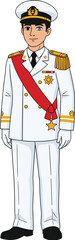 High-ranking naval officer in white uniform with gold epaulettes and medals, red sash, peaked cap, ceremonial dress, formal military portrait vector illustration