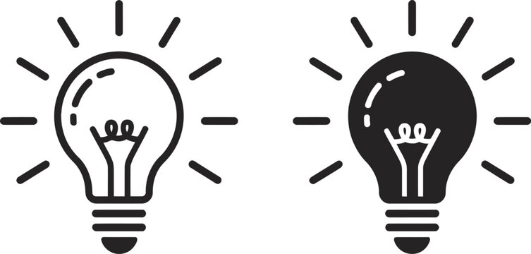 Two lightbulbs illustration, lightbulb idea icon with light rays on transparent background