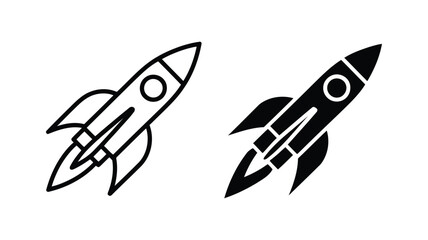 Simple Line Art and Solid Black Rocket Ship Icons:  Launching, Startup, Speed, Success, Innovation, Technology,  Growth,  Progress,  Future,  Vector Illustration.