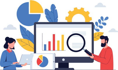 Team analyzing data charts on computer screen with magnifying glass and laptop