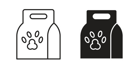 Two vector icons of a pet food package, one line art, one solid, isolated on white.