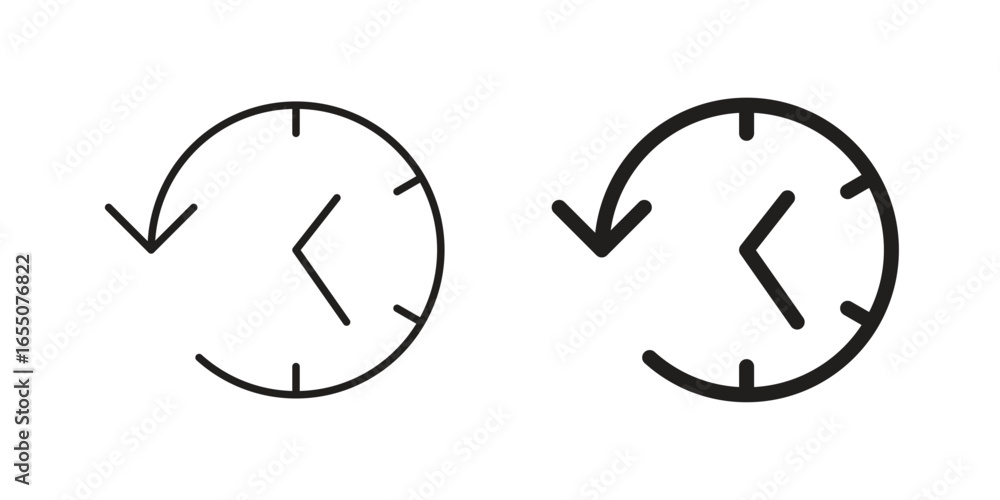 Poster two simple line art clock icons with curved arrows indicating rewind or previous time function. isol