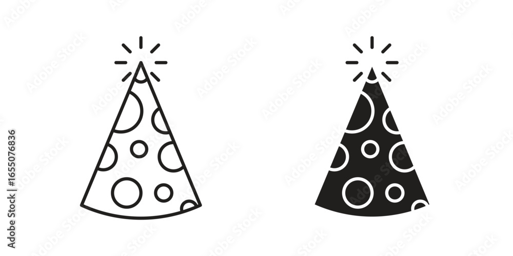 Poster two simple line art party hats with a sparkler on top and a polka dot pattern. one is black, the oth