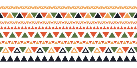 Mexican ethnic line seamless pattern. African ethnic motif border. Triangular color ornament stripe. African ethnic culture ornament. Vector illustration isolated on white background. © Elena Pimukova
