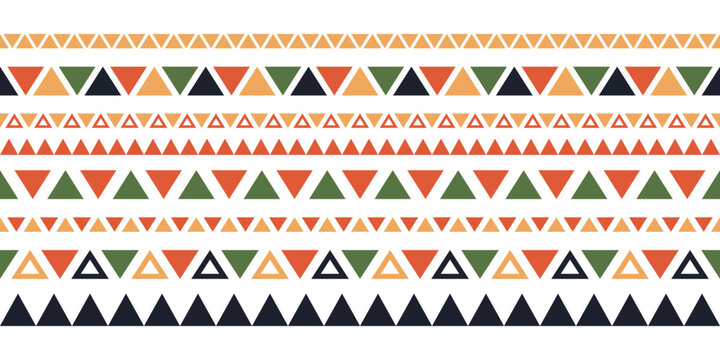 Mexican ethnic line seamless pattern. African ethnic motif border. Triangular color ornament stripe. African ethnic culture ornament. Vector illustration isolated on white background.