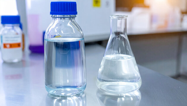 Acetone in laboratory glass flask. Organic solvent for chemical and industrial applications.
