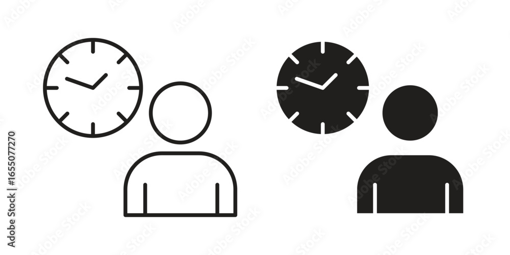 Poster two simple icons depicting time management: a person with a clock, in outline and solid styles. isol