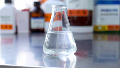 Acetone in laboratory glass flask. Organic solvent for chemical and industrial applications.