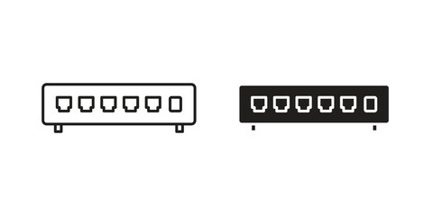 Two network switch icons: one line style, one solid. Eight ports. Isolated on white.