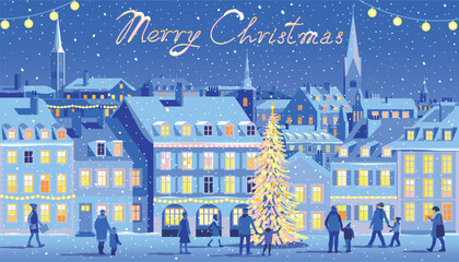 Winter urban European night cityscape with people, traditional houses and churches under snow. Trendy handmade drawing vector illustration. Can be used for Christmas gifts, decorations etc.