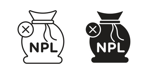 Line art and solid black icon of a bag labeled NPL with a cross mark, signifying non-performing loans. Isolated on white.