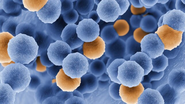 Close-up View of Microbial Cells in a Blue and Orange Color Scheme Under a Microscope for Scientific Background