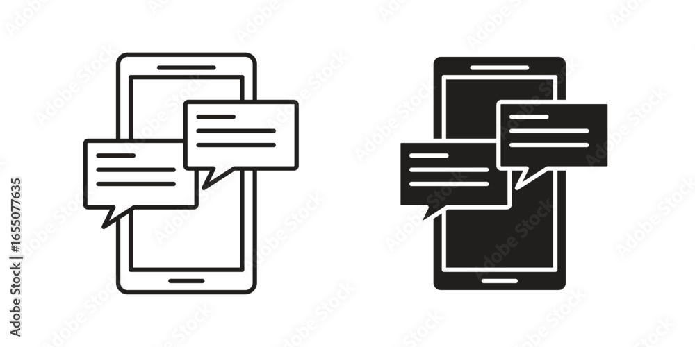 Poster illustration of a smartphone with message bubbles. two variations: outline and solid black. isolated
