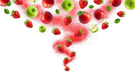 A vibrant arrangement of red apples and strawberries, with green apples and leaves, creating a playful, fresh visual effect against a white background.