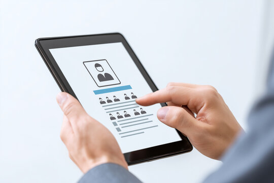 HR manager scrolling through online job applications on recruitment app displayed on tablet during digital hiring process meeting.jpeg