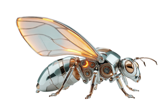 Metallic bee robot in flight