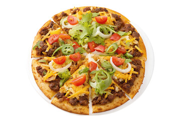 Delicious Mexican pizza with spicy toppings of fresh vegetables and savory meats on crispy crust
