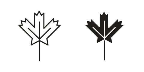 Two simple maple leaf icons: one line art, one solid black. Isolated on white.