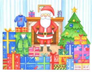 Santa surrounded by colorful Christmas presents