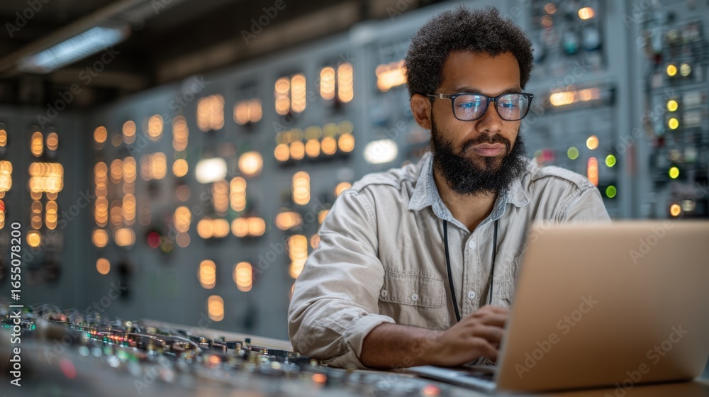 Poster closeup of a smart grid analyst reviewing power flow graphs on a laptop with the control room enviro