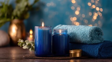 Blue candles and towels spa decor