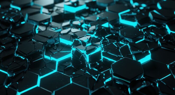 Shattered hexagonal prisms glow with neon blue light