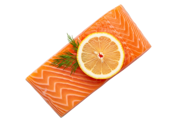 Fresh salmon fillet with lemon slice and dill, isolated on transparent background