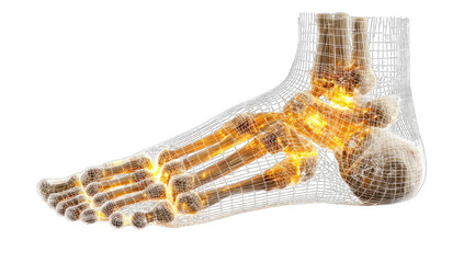 3D rendered image of a human foot's skeletal structure, highlighting joints