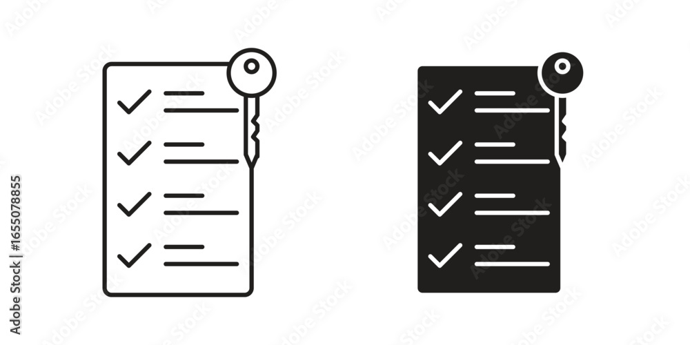 Poster two variations of a checklist icon with a key, one in black and one in outline style, isolated on wh