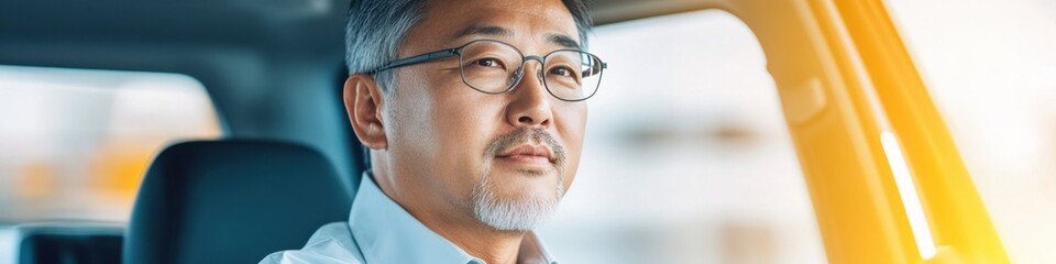 Fototapeta premium Middle-aged Asian male test driver performing vigilant safety inspections in a modern vehicle environment