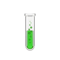 A test tube with green liquid and bubbles isolated on transparent background, commonly used in laboratory experiments and research