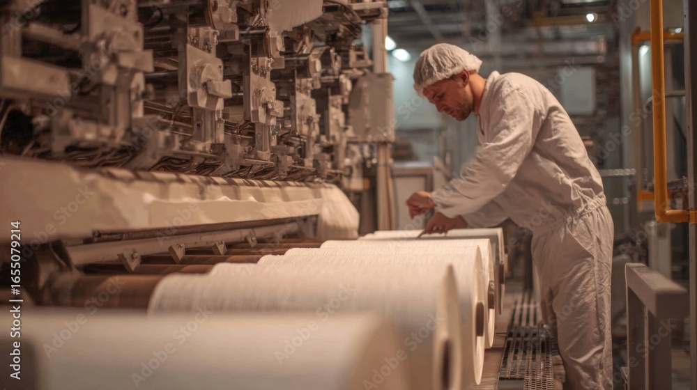 Poster focused medium shot of a worker feeding fresh pulp sheet into a wetpress section showing precise thr