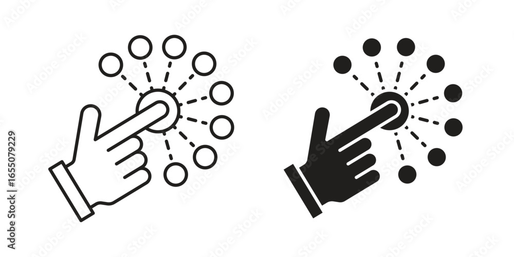 Poster two variations of a hand icon interacting with a network of nodes, isolated on white.