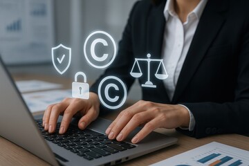 Navigating Digital Copyrights: A professional in a formal suit meticulously works on a laptop. Above the person, holographic icons representing copyright protection, digital security.