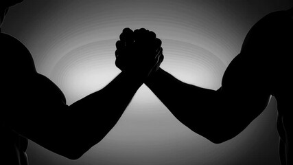 A dramatic black and white silhouette of two muscular male arms locking in a powerful handshake, symbolizing a strong agreement, partnership, competition, or a business deal on an abstract background