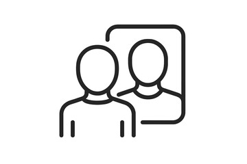 Two stylized human figures with simplified features and a framed silhouette in a minimalist design