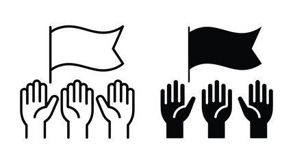 Obraz premium Vector Illustration: Raised Hands with Flag Icon, Line Art and Solid Styles, Unity, Support, Teamwork, Success, Demonstration, Protest, Community, Collaboration Concept.