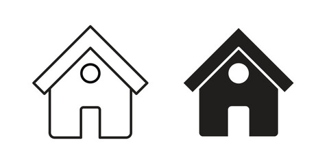 Two simple house icons, one outline and one solid black, isolated on white.