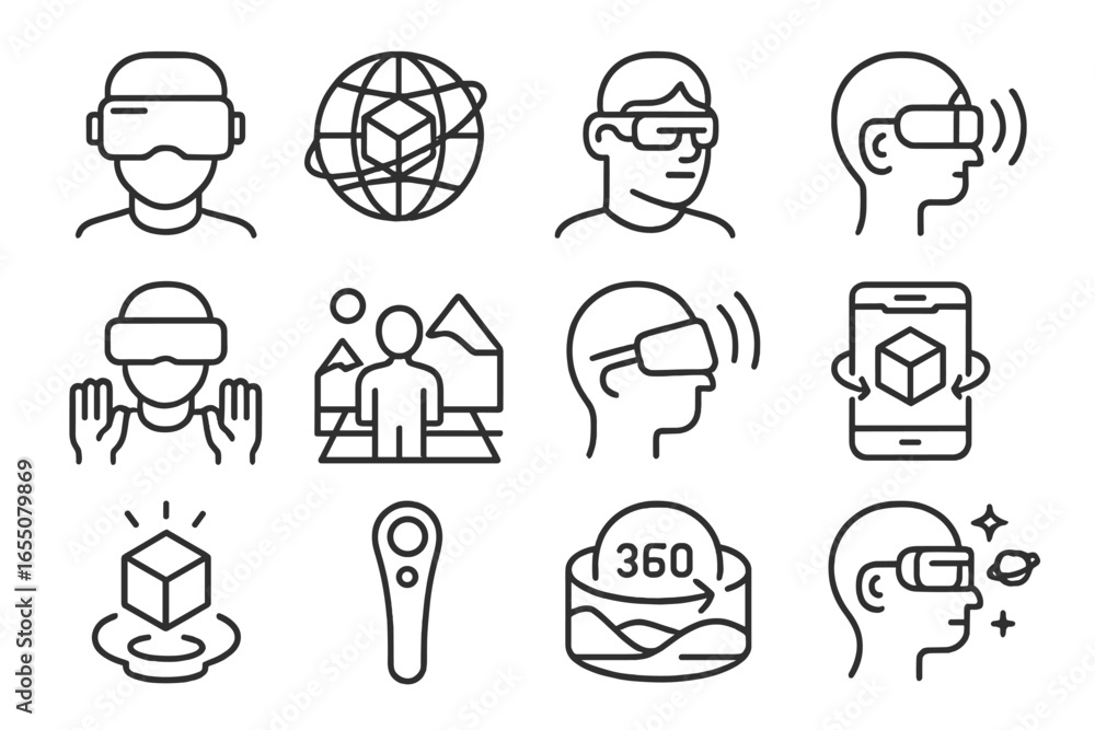 Poster exploring virtual reality technology with users engaged in immersive experiences across various acti