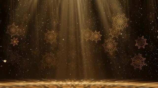 soft brown & golden earth-tone scenery with empty theater; stage lights shining on floor; discrete snowflakes abstract pattern; concept of glory, mock-up for product advertising