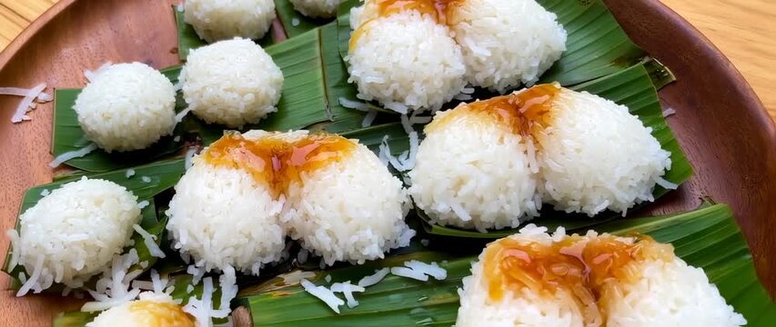 Delicious biko glutinous rice cake with sweet coconut sauce, a traditional Filipino delicacy