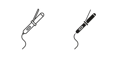 Two simple line art icons of a hair curling iron, one black and one line drawing, isolated on white.
