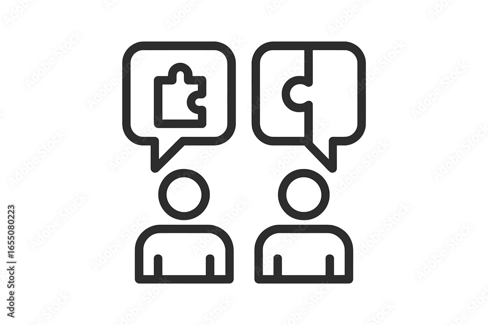 Poster two people communicating using puzzle pieces to symbolize problem-solving and teamwork in a collabor