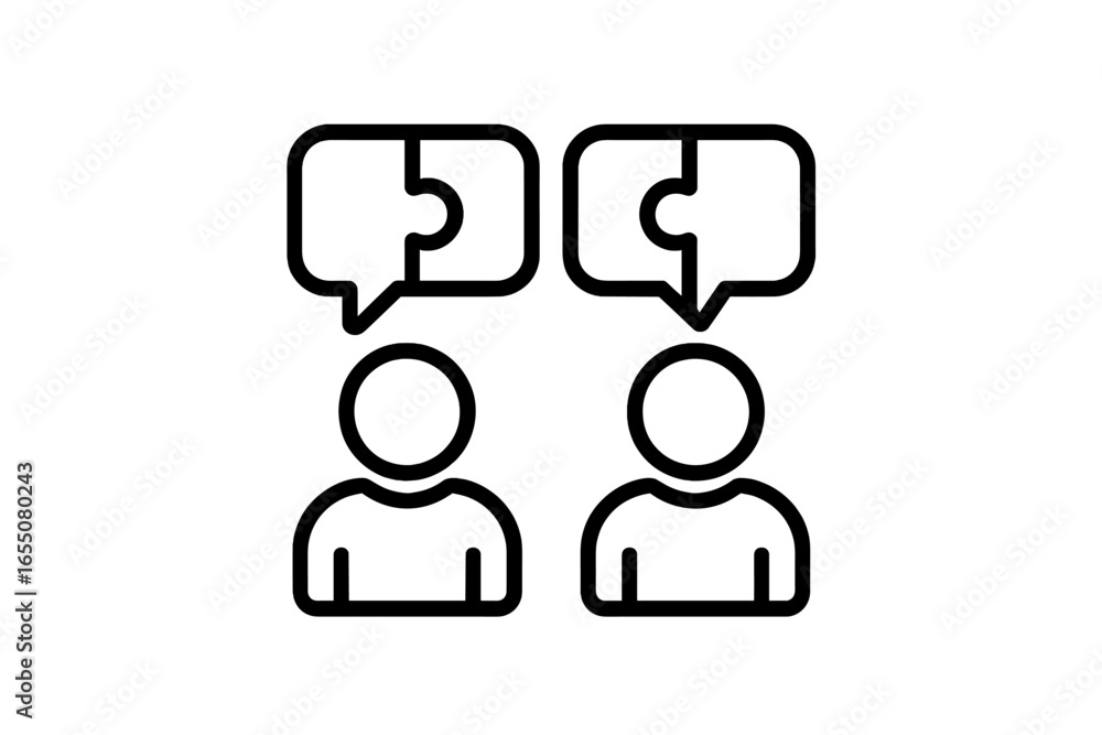 Poster two people engaged in conversation with speech bubbles illustrating communication in a minimalist st