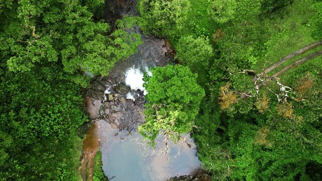 Scenic aerial drone footage of 900 Kandi Wayanad Kerala. Lush green hills, dense trees, and a small hidden pool surrounded by drifting clouds in rainy season.